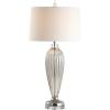 JONATHAN Y 33.5″ Smoked Grey Glass/Crystal Table Lamp, Traditional Fluted Glass Column with White Faux Silk Drum Shade, Chrome Base for Living Room, LED Bulb Included JYL2066A