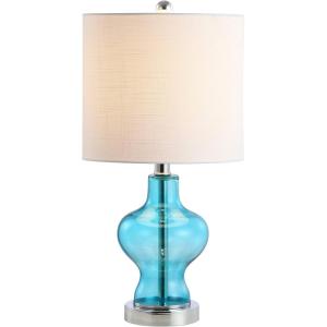 JONATHAN Y 20.5″ Aqua Blue Glass Table Lamp, Modern Transitional Bedside Lamp for Living Room Bedroom, White Linen Drum Shade, Chrome Accents, LED Bulb Included JYL4036A