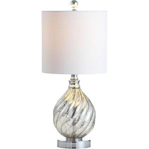 JONATHAN Y 20.5″ Mercury Silver Textured Glass/Metal LED Table Lamp, Transitional Glam Bedside Nightstand Lamp, White Linen Drum Shade, Chrome Accents, LED Bulb Included JYL1034A