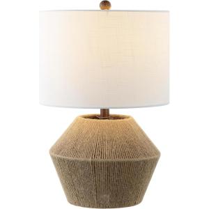 JONATHAN Y 21.75″ Brown Rope Coastal Rustic Table Lamp, Farmhouse Iron Lamp with White Linen Drum Shade for Living Room Bedroom Nightstand, LED Bulb Included JYL4049A