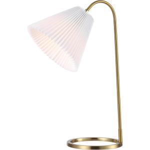 JONATHAN Y 22″ Brass Gold Modern Glam Metal Arc Table Lamp with White Pleated Linen Shade, Adjustable Head Minimalist Desk Lamp for Bedroom Office, LED Bulb Included JYL1147A