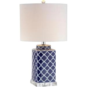 JONATHAN Y 23″ Blue/White Chinoiserie Ceramic LED Table Lamp, Hand-Painted Trellis Ginger Jar Design for Living Room Bedroom, White Linen Drum Shade, LED Bulb Included JYL3011A