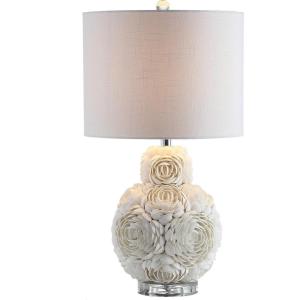JONATHAN Y 24″ Cream Seashell Rosette LED Table Lamp, Coastal Floral Mosaic Resin and Crystal Bedside Lamp for Living Room, White Linen Drum Shade, LED Bulb Included JYL1049A