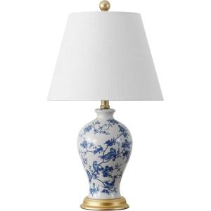 JONATHAN Y 24″ Green/White French Country Ceramic Floral Urn Table Lamp, White Linen Shade, Chinoiserie Ginger Jar Bedside Lamp for Living Room Bedroom, LED Bulb (JYL3009F)(Blue/White)