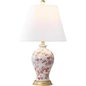 JONATHAN Y 24″ Green/White French Country Ceramic Floral Urn Table Lamp, White Linen Shade, Chinoiserie Ginger Jar Bedside Lamp for Living Room Bedroom, LED Bulb (JYL3009F)(White/Red)