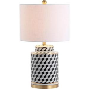 JONATHAN Y 24.5″ Black/White Tumbling Block Ceramic LED Table Lamp, Modern Transitional Ginger Jar Lamp for Living Room Bedroom, White Linen Shade, LED Bulb Included JYL3048A