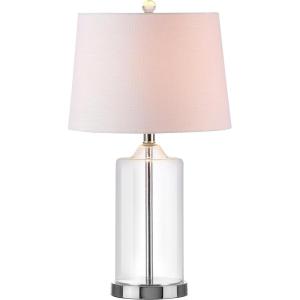 JONATHAN Y 25″ Clear Glass and Chrome LED Table Lamp, Modern Coastal Bedside Lamp with White Linen Drum Shade for Living Room, Farmhouse Decor, LED Bulb Included JYL1018A
