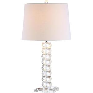 JONATHAN Y 25.5″ Clear Faceted Crystal Table Lamp, Modern Glam Chrome Bedside Lamp with White Linen Drum Shade for Living Room Bedroom, UL Listed, LED Bulb Included JYL2013A