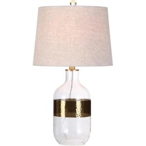 JONATHAN Y 25.5″ Clear Glass and Brass Gold Table Lamp, Modern Farmhouse Banded Bottle Lamp for Living Room Bedroom, Gray Linen Drum Shade, LED Bulb Included, UL Listed JYL4001A