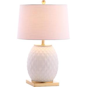 JONATHAN Y 25.5″ White/Gold Modern Diamond Table Lamp for Living Room Bedroom Nightstand, White Linen Drum Shade, Gold Leaf Accents, LED Bulb Included, Glam Decor JYL5043A(White/Gold)