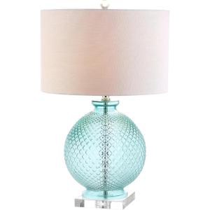 JONATHAN Y 26″ Aqua Diamond-Etched Glass and Crystal Table Lamp, Coastal Transitional Bedside Lamp with White Linen Drum Shade for Living Room, LED Bulb Included JYL2003A