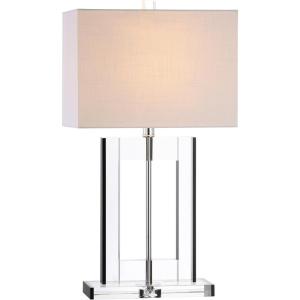 JONATHAN Y 26″ Clear and Black Crystal Table Lamp, Modern Geometric Glam Glass Lamp with White Linen Drum Shade for Living Room Bedroom Nightstand, LED Bulb Included JYL2015A