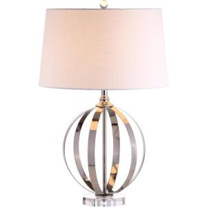 JONATHAN Y 26″ Polished Nickel Metal Orb LED Table Lamp, Modern Contemporary Iron and Crystal Base, White Linen Drum Shade for Living Room Bedroom, LED Bulb Included JYL1086A