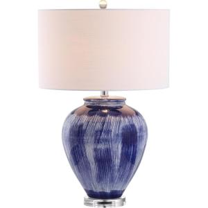 JONATHAN Y 26″ Seaside Blue Ceramic LED Table Lamp, Coastal Glam Reactive Glaze Lamp with Crystal Base for Living Room Bedroom, White Linen Drum Shade, LED Bulb Included JYL5013A