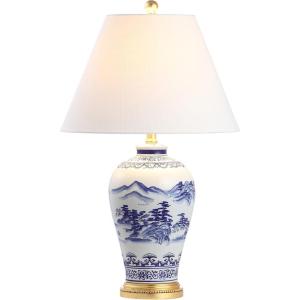JONATHAN Y 26.5″ Blue and White Ceramic Ginger Jar Table Lamp, Traditional Chinoiseries Landscape for Bedroom Living Room, White Linen Empire Shade, LED Bulb Included JYL6610A
