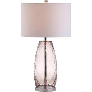 JONATHAN Y 26.5″ Smoked Gray Glass Table Lamp, Modern Faceted Bedside Lamp, White Linen Drum Shade, Chrome Base, LED Bulb Included for Bedroom, Living Room, Nightstand JYL4009A(Smoked Gray)