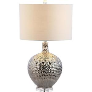 JONATHAN Y 27″ Chrome Dimpled Ceramic Table Lamp, Glam Silver Textured Base with White Linen Drum Shade for Living Room Bedroom Nightstand, LED Bulb Included JYL5025A