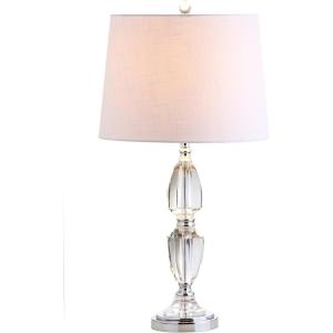 JONATHAN Y 27″ Clear Crystal LED Table Lamp, Traditional French Country Chrome Nightstand Lamp with White Linen Drum Shade for Living Room, LED Bulb Included JYL2039A