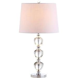 JONATHAN Y 27″ Clear/Chrome Traditional Crystal LED Table Lamp, Elegant Column Bedside Lamp for Living Room Bedroom, White Linen Shade, UL Listed, LED Bulb Included JYL2042A