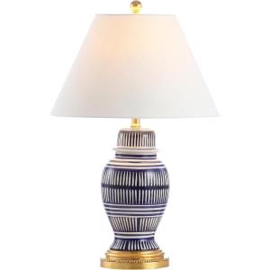 JONATHAN Y 27″ Navy/White Ceramic Modern Coastal Table Lamp, Traditional Ginger Jar Design with Gold Leaf Accents and White Linen Empire Shade, LED Bulb Included JYL6611A