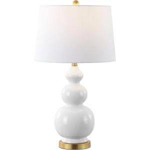 JONATHAN Y 27.5″ White/Brass Gold Modern Ceramic Gourd Table Lamp for Living Room, Large Bedside Nightstand Lamp for Bedroom, White Linen Drum Shade, LED Bulb Included (JYL4023D)(White)