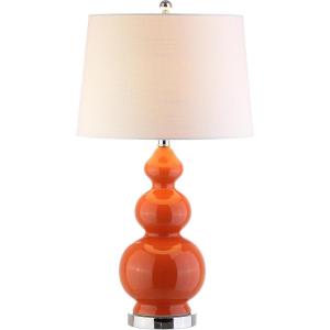 JONATHAN Y 27.5″ White/Brass Gold Modern Ceramic Gourd Table Lamp for Living Room, Large Bedside Nightstand Lamp for Bedroom, White Linen Drum Shade, LED Bulb Included (JYL4023D)(Coral)