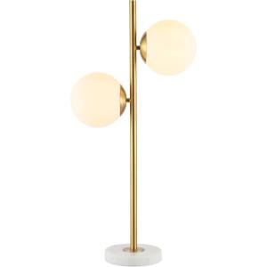 JONATHAN Y 28″ Brass Gold 2-Light Art Deco LED Table Lamp, Coastal Vintage Iron Lamp with White Marble Base and Frosted Glass Globe Shades, LED Bulbs Included JYL1107A