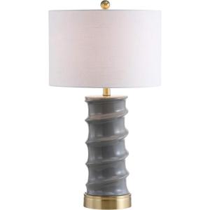 JONATHAN Y 28″ Dark Grey/Gold Modern Ceramic Table Lamp for Living Room, White Linen Drum Shade, Bedside Nightstand Lamp for Bedroom, LED Bulb Included, Ridged Design JYL3052A(Dark Gray)