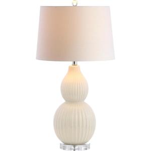 JONATHAN Y 28.25″ Light Olive Ceramic Table Lamp, Modern Fluted Gourd Bedside Lamp for Living Room Bedroom, White Linen Shade, LED Bulb Included, UL Listed (JYL8019C)(Cream)