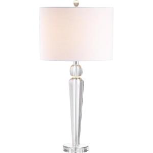JONATHAN Y 28.5″ Clear Crystal Table Lamp, Modern Glam Column Lamp with White Linen Drum Shade for Living Room Bedroom Nightstand, Chrome Finish, LED Bulb Included JYL5018A