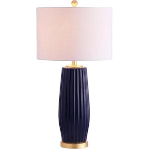 JONATHAN Y 28.5″ Navy Blue Modern Ceramic Table Lamp for Living Room Bedroom, Fluted Bedside Nightstand Lamp with White Linen Shade, Gold Base, LED Bulb Included JYL5045A(Navy)