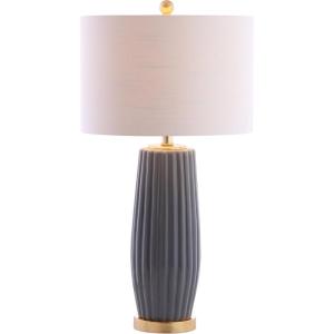 JONATHAN Y 28.5″ Navy Blue Modern Ceramic Table Lamp for Living Room Bedroom, Fluted Bedside Nightstand Lamp with White Linen Shade, Gold Base, LED Bulb Included JYL5045A(Gray)
