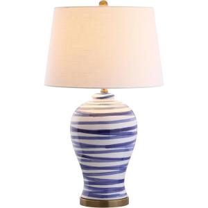 JONATHAN Y 29″ Brown/White Ceramic Table Lamp for Living Room Bedroom Office, Modern Coastal Bedside Lamp with White Linen Shade, Traditional Nightstand Lamp, LED Bulb (JYL3016B)(Blue/White)