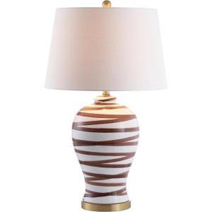 JONATHAN Y 29″ Brown/White Ceramic Table Lamp for Living Room Bedroom Office, Modern Coastal Bedside Lamp with White Linen Shade, Traditional Nightstand Lamp, LED Bulb (JYL3016B)(Brown/White)