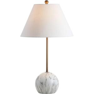 JONATHAN Y 29″ Gold/White Modern Minimalist Resin and Metal LED Table Lamp for Living Room, Bedside Nightstand Lamp with White Linen Shade, LED Bulb Included JYL3065A(Gold/White)