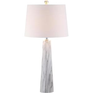 JONATHAN Y 29″ White/Black Faux Marble Resin Table Lamp, Modern Glam Bedside Nightstand Lamp for Living Room, White Linen Drum Shade, UL Listed, LED Bulb Included JYL1002A