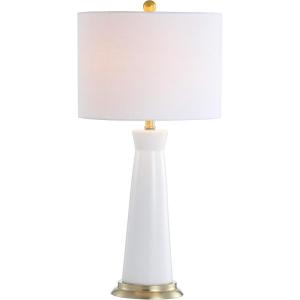 JONATHAN Y 29″ White/Brass Gold Modern Ceramic Column Table Lamp with Brass Gold Base, Elegant Bedside Lamp for Living Room Bedroom Nightstand, White Linen Shade, LED Bulb Included (JYL3046B)(White/Brass Gold)