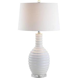 JONATHAN Y 29.5″ White Ceramic LED Table Lamp for Living Room Bedroom Decor, Modern Ribbed Sculptural Design with White Linen Shade, Large Bedside Nightstand Lamp JYL8020A(White)