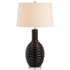 JONATHAN Y 29.5″ White Ceramic LED Table Lamp for Living Room Bedroom Decor, Modern Ribbed Sculptural Design with White Linen Shade, Large Bedside Nightstand Lamp JYL8020A(Black)