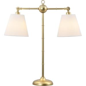JONATHAN Y 31″ Gold 2-Light Contemporary Farmhouse Adjustable Iron Library LED Table Lamp, White Linen Shades for Living Room Office Sideboard, LED Bulbs Included JYL3074A