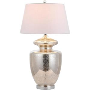 JONATHAN Y 31″ Mercury Silver Glass Table Lamp, Modern Glam Urn Bedside Lamp for Living Room, Bedroom, White Linen Drum Shade, Chrome Finish, LED Bulb Included JYL1014A