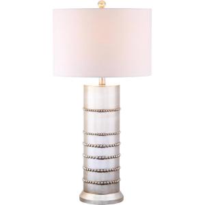 JONATHAN Y 31″ Silver Leaf Resin Table Lamp, Modern Farmhouse Wrapped Rope Bedside Lamp for Living Room Bedroom, White Linen Drum Shade, UL Listed, LED Bulb Included JYL1012A