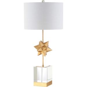 JONATHAN Y 32″ Clear and Gold Leaf Crystal Table Lamp, Hollywood Regency Starburst Metal Bedside Lamp with White Linen Drum Shade for Living Room, LED Bulb Included JYL5006A