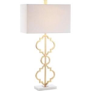 JONATHAN Y 32″ Gold Selina Ogee Trellis LED Table Lamp, Glam Modern Iron Geometric Lamp for Living Room Bedroom, White Linen Rectangle Shade, LED Bulb Included JYL3072A