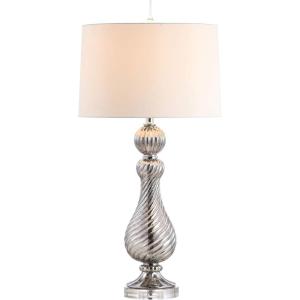 JONATHAN Y 32″ Gray Murano Style Swirled Glass Table Lamp, Glam Transitional Crystal Bedside Lamp with White Faux Silk Drum Shade for Living Room, LED Bulb Included JYL2063A