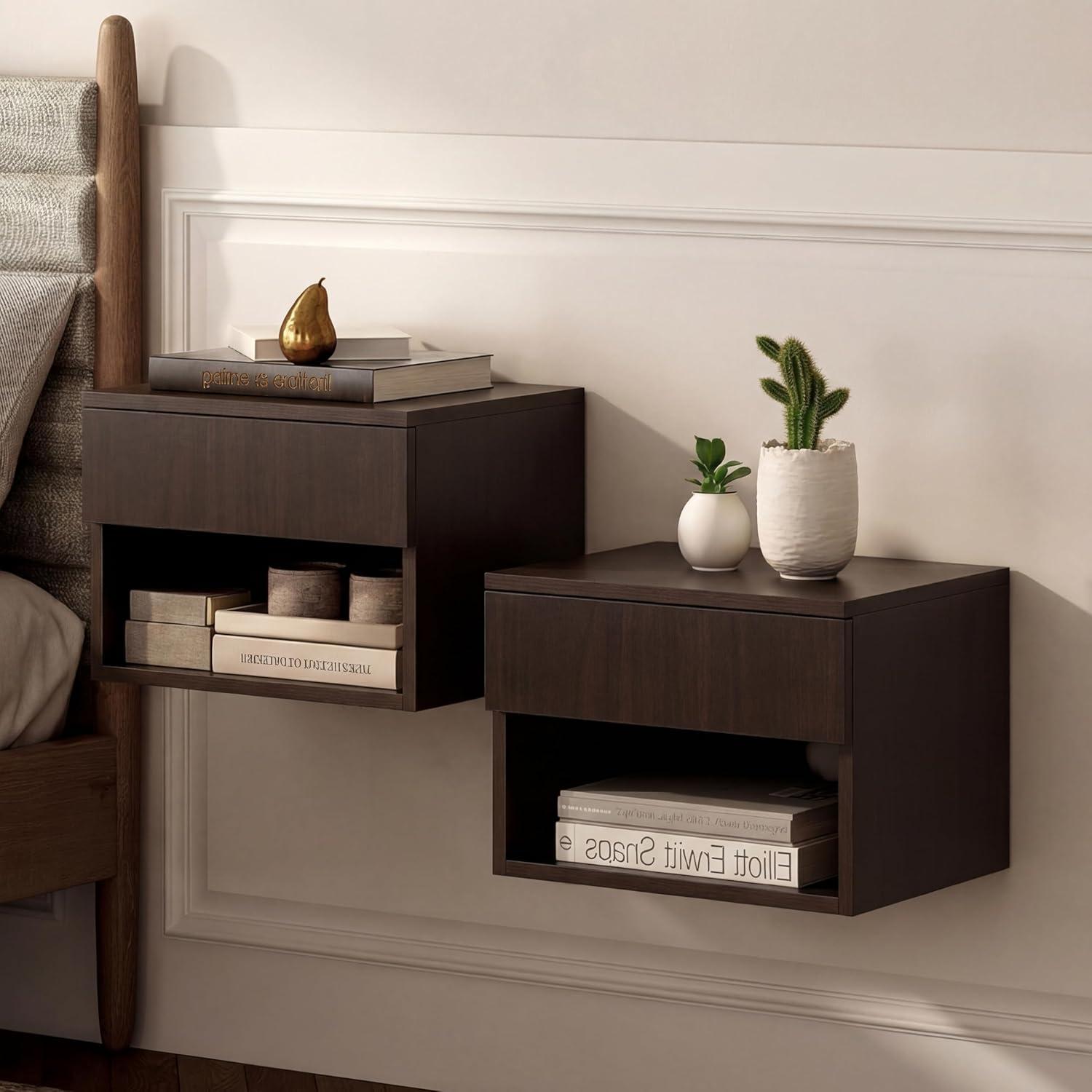 image:imageJONATHAN Y Ettore 1571 MidCentury Modern Floating Wall Mounted Nightstand with SoftClose Drawer and Cable Hole Dark Brown Set of 2 NST2002ASET2Black