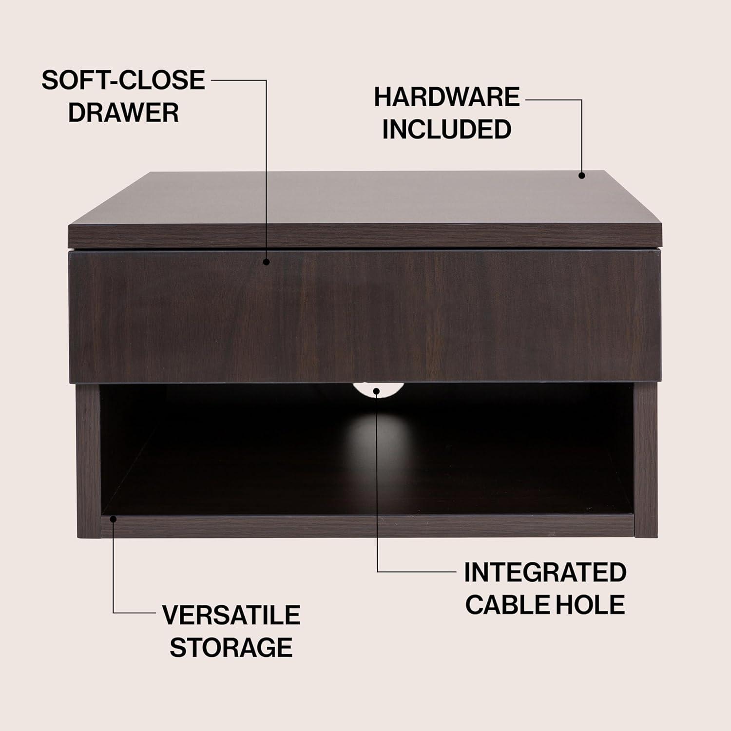 image:imageJONATHAN Y Ettore 1571 MidCentury Modern Floating Wall Mounted Nightstand with SoftClose Drawer and Cable Hole Dark Brown Set of 2 NST2002ASET2Black