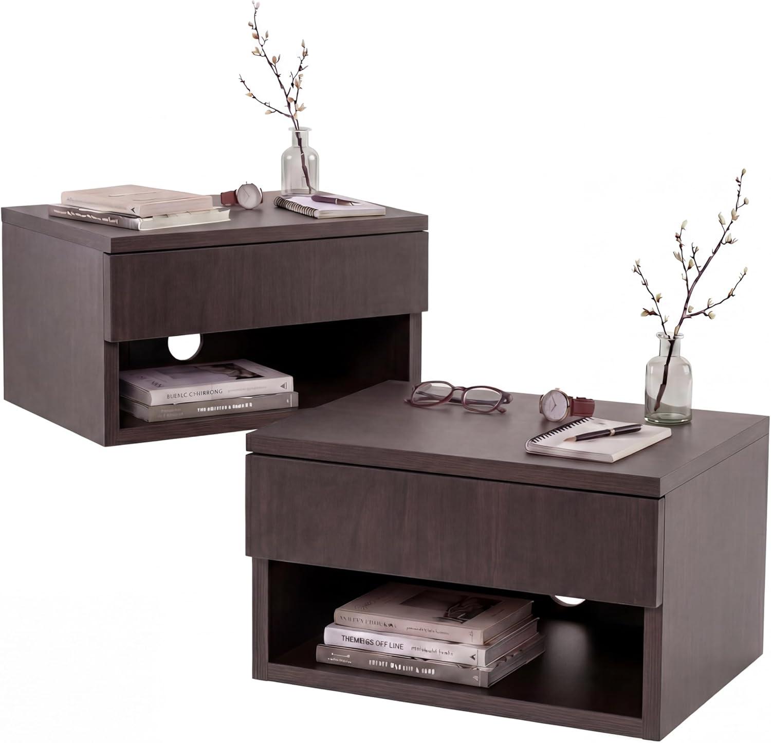 image:imageJONATHAN Y Ettore 1571 MidCentury Modern Floating Wall Mounted Nightstand with SoftClose Drawer and Cable Hole Dark Brown Set of 2 NST2002ASET2Black