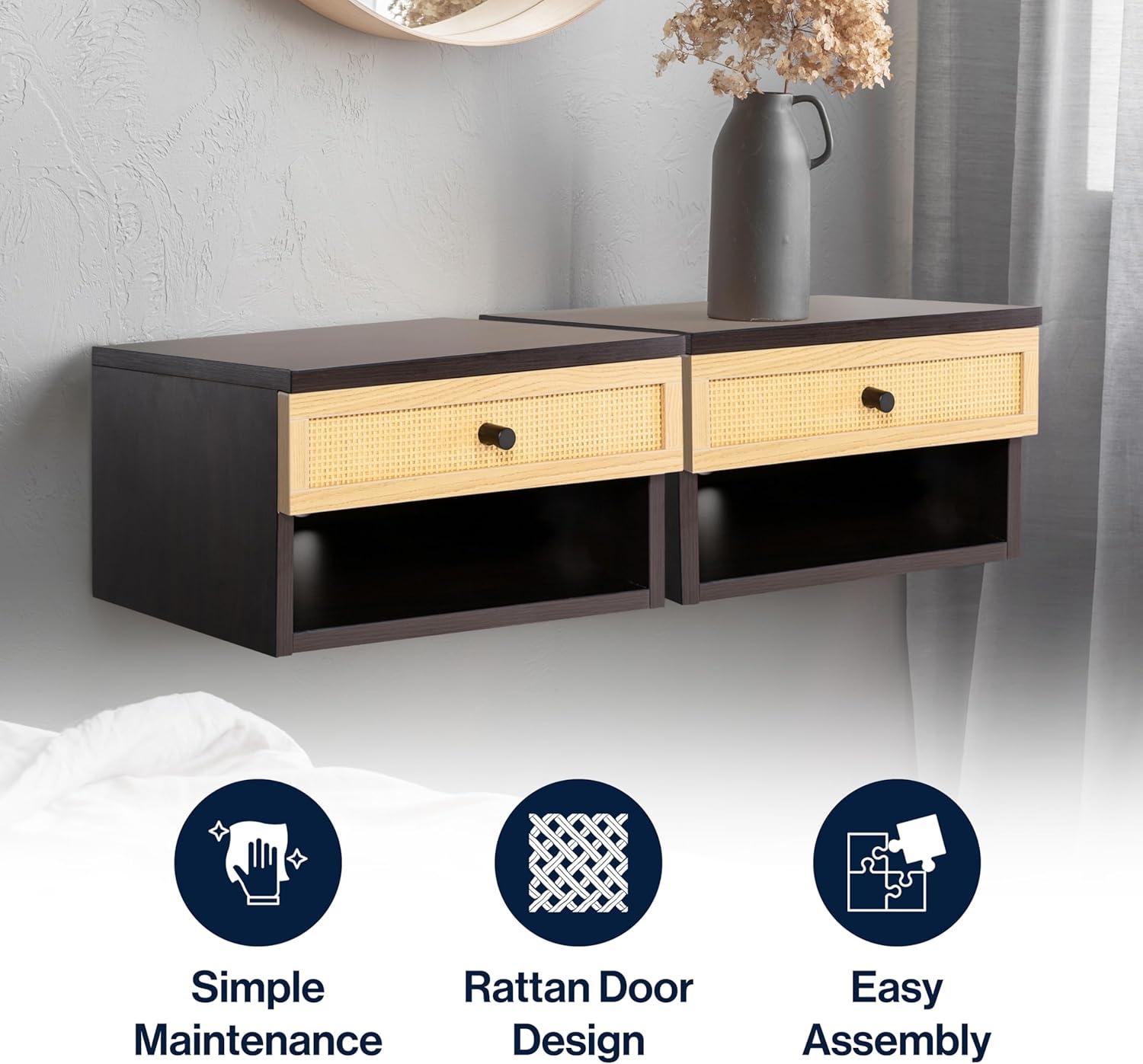 image:imageJONATHAN Y Ettore 1571 MidCentury Modern Floating Wall Mounted Nightstand with SoftClose Drawer and Cable Hole Dark Brown Set of 2 NST2002ASET2BlackLight Oak