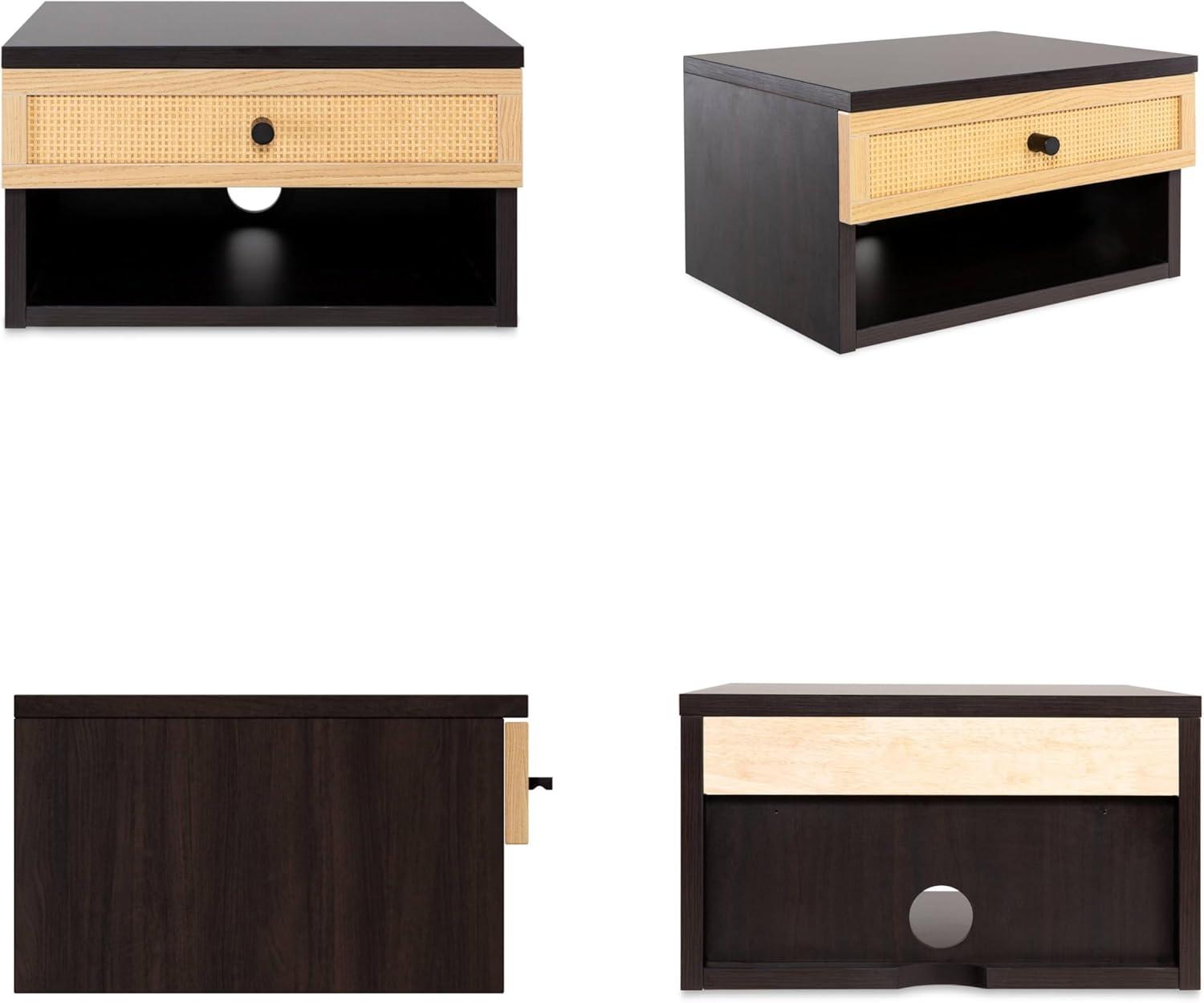 image:imageJONATHAN Y Ettore 1571 MidCentury Modern Floating Wall Mounted Nightstand with SoftClose Drawer and Cable Hole Dark Brown Set of 2 NST2002ASET2BlackLight Oak